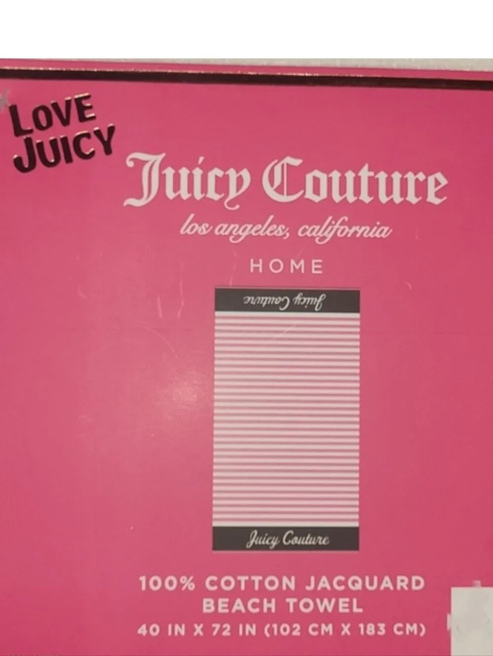 Juicy Couture Pink and White Striped Logo Beach Towel with Black Logo Band